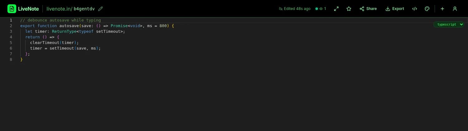 LiveNote code mode with TypeScript syntax highlighting