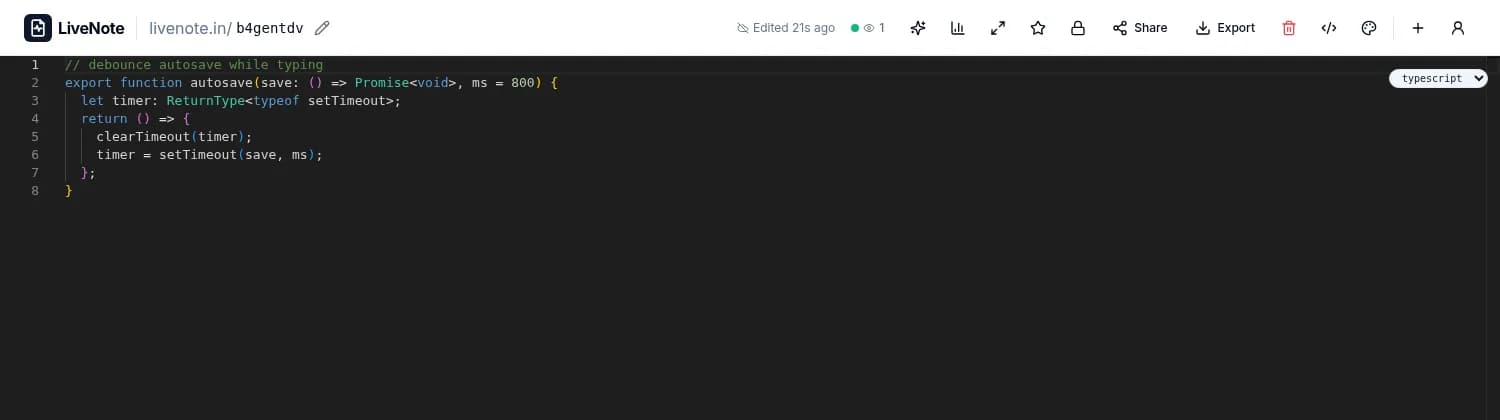 LiveNote code mode with TypeScript syntax highlighting