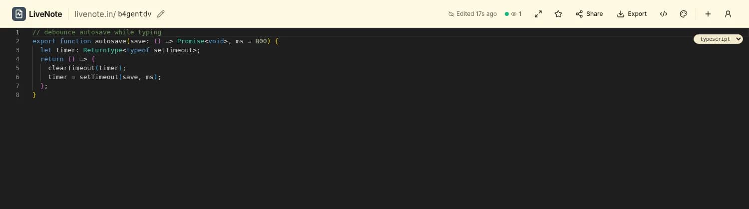LiveNote code mode with TypeScript syntax highlighting