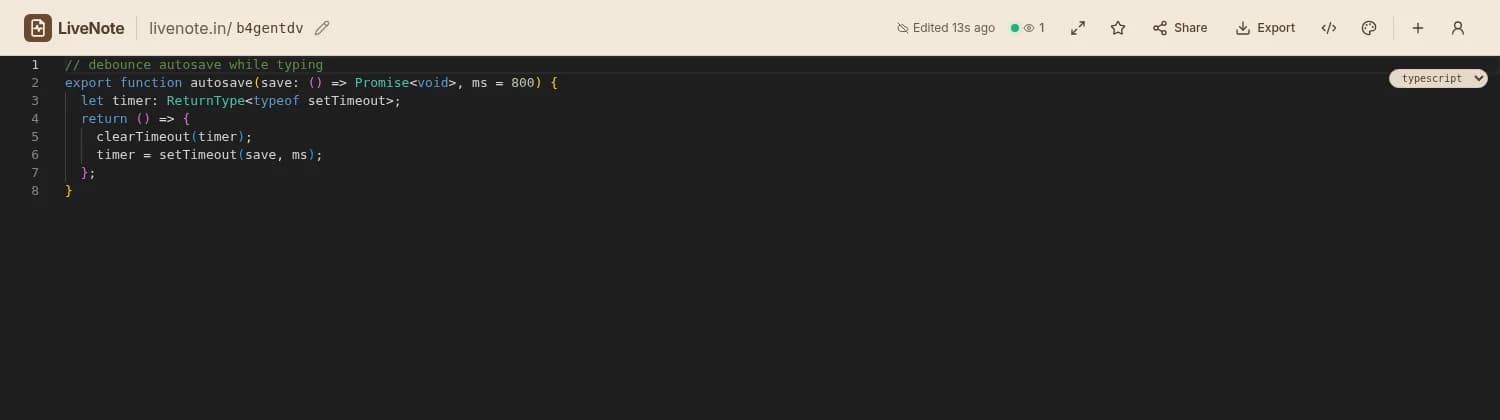 LiveNote code mode with TypeScript syntax highlighting