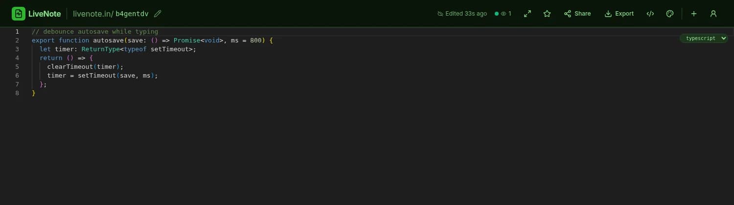 LiveNote code mode with TypeScript syntax highlighting